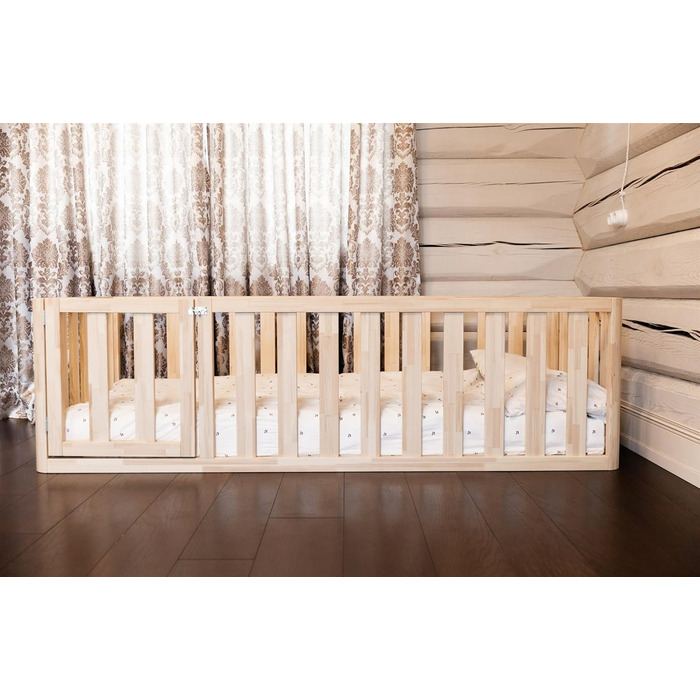 Ліжко Монтессорі, підлогове ліжко з дверцятами, ліжко з захисними поручнями, дитяче ліжко, дерев&39яне ліжко з каркасом для хлопчиків та дівчаток, манеж, ігровий майданчик, 160x90 см, натуральне дерево 160x90 см натуральне дерево - отвір для ліжка ліворуч