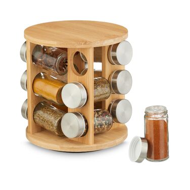 Карусель для спецій Relaxdays, 12 банок для спецій, підставка для спецій, що обертається на 360, ВxГ 21 x 21 см, бамбук, полиця для спецій, натуральний колір