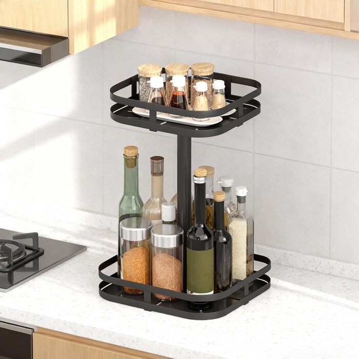 Підставка для спецій HOMCOM, 2-рівнева, обертова на 360 кухонна полиця з піднятими краями та присосками, підставка для спецій, карусель для спецій, кухонний органайзер, тримач для спецій для кухонної стільниці та обіднього столу, чорний колір