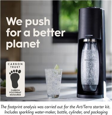 Нагрівач газованої води SodaStream Terra, з 1-літровою багаторазовою пляшкою для води без BPA для карбонізації та газовим балоном Quick Connect CO2 об'ємом 60 літрів - чорний