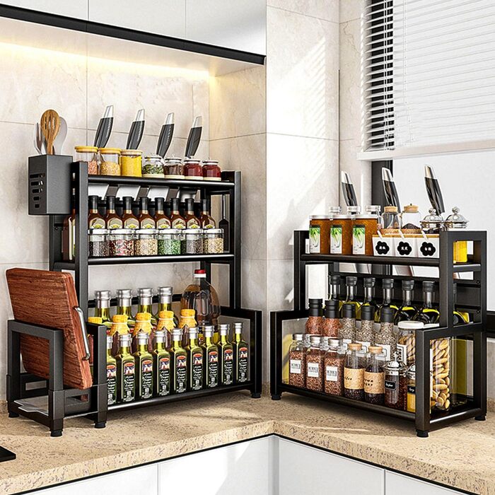 Стелаж для спецій Devesanter, 3 яруси, кухонна стійка для банок для спецій великої місткості, металевий органайзер для стільниці з тримачем для посуду, тримач для обробної дошки, з 6 гачками, чорний