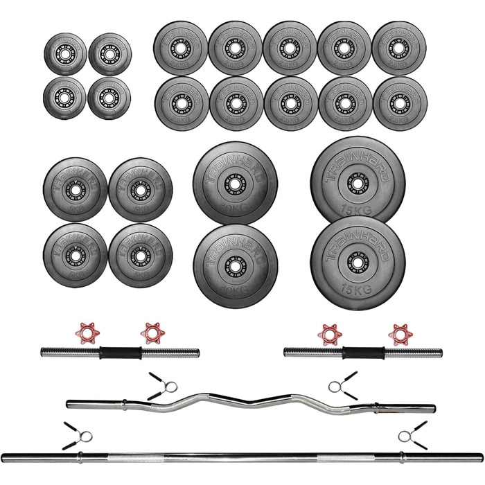 Багатофункціональна силова лава Train Hard з силовою станцією для тяги ширшого хвата, дисками вагою від 90 до 150 кг, штангою та комплектом штанг, що складається зі штанги, гантелей та грифа для згинань рук штанги 100 кг, гантелей та грифа для згинань рук