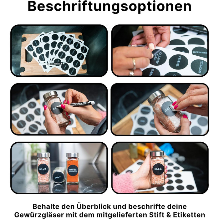 Підставка для спецій Deco haus, настінна та настінна З БАНКАМИ ДЛЯ СПЕЦІЙ ТА ЕТИКЕТКАМИ - Органайзер для спецій - Підставка для спецій - Підвісна система підставок для спецій - Зберігання спецій - Банки для спецій з полицею, чорний колір - Набір з 24 шт.