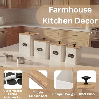 Набір контейнерів для зберігання PERFNIQUE для кухні - Набір із 4 предметів для зберігання кавового борошна, цукру та солі, контейнери для зберігання продуктів із герметичними кришками (білий)