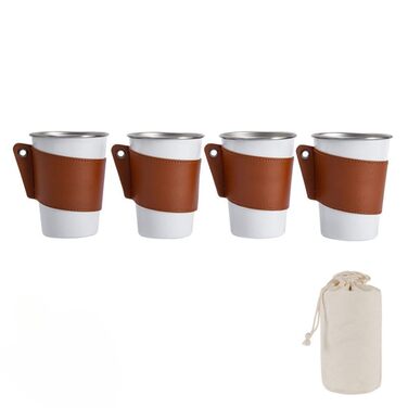 Набір кемпінгових чашок з нержавіючої сталі 304 з шкіряним тримачем, велика місткість 350 мл, 4-елементні штабелювані чашки для подорожей та пікніків