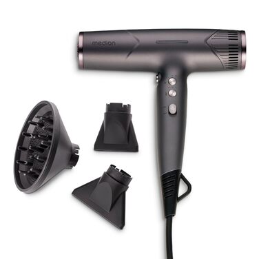 Фен з іонізацією та дифузором HD2 (Іонізація, 1500 Вт, насадка для укладання, універсальні насадки, тихий та довговічний BLDC-мотор, функція самоочищення, довгий шнур живлення) Чорний фен з дифузором 2 насадки для укладання Сірий