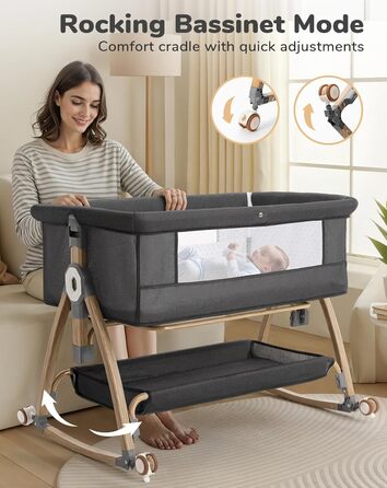 Дитяче ліжко COMOMY 3-в-1, дитяче ліжечко, дитяча колиска на колесах, включаючи матрац та москітну сітку, регулювання висоти в 6 напрямках