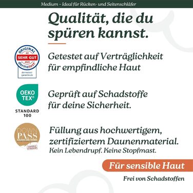 Пухова подушка 80x80 середнього розміру для сну на спині та на боці, 3-камерна подушка 80x80 пух, помітно підтримує та приємно м&39яка, можна прати в пральній машині, DOWNPASS (не вищипує живі предмети), Oeko-TEX
