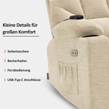 Електричне крісло для телевізора з підйомником, крісло-реклайнер з підйомником, крісло-реклайнер з функцією розкладання на 140, крісло для літніх людей для вітальні, з USB 7286 (бежева тканина)