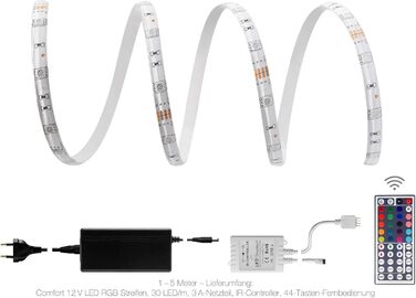 Метровий комфортний набір світлодіодних стрічок RGB з блоком живлення, контролером і 44-кнопковим інфрачервоним пультом дистанційного керування, 30 світлодіодів/м, IP65, 12V, 5050 SMD, 7,2 Вт/м, для вітальні, спальні, балкона, тераси, 1,5