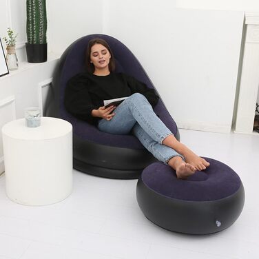 Надувне крісло, надувний шезлонг, надувне крісло, надувний лежак з пуфом для кемпінгу, ігор, обідніх перерв, садових вечірок, прийняття сонячних ванн (синій)