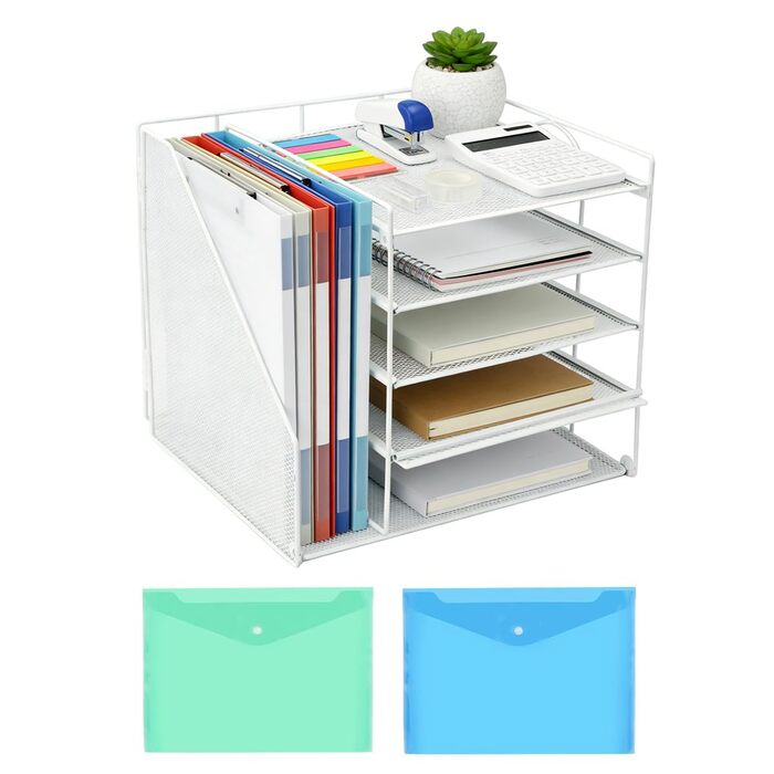 Настільний органайзер з тримачами для файлів, 5-ярусний сітчастий тримач для файлів, сітчастий офісний органайзер, настільний органайзер та місце для зберігання канцелярського приладдя, лоток для документів A4, білий