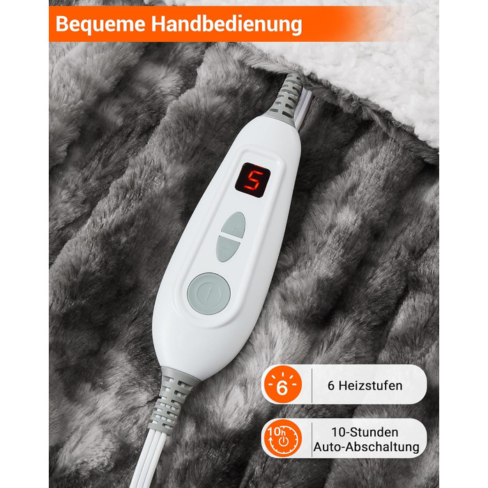 Електрична ковдра LinTimes з автоматичним вимкненням, 6 температурних режимів, 10 годин автоматичного вимкнення, електрична ковдра з PV оксамиту та шерпа-флісу, яку можна прати, 180 x 130 см, сірого кольору