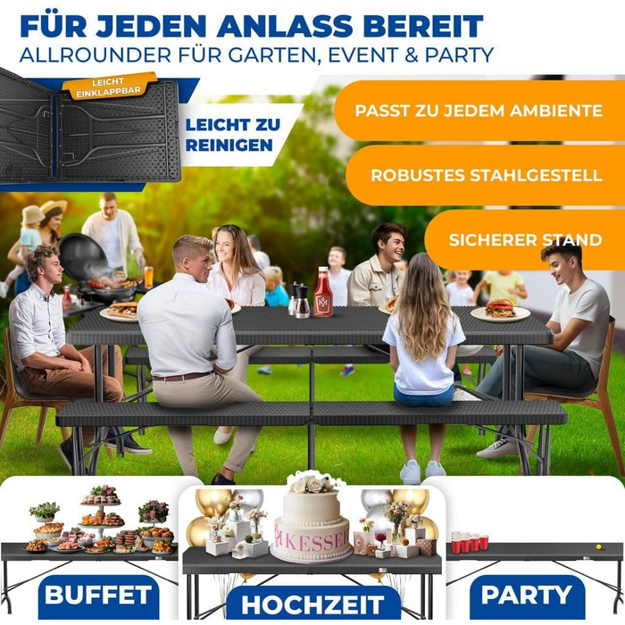 Стіл-фуршет KESSER, складаний, пластик, 183x76 см, вигляд з ротанга, кемпінговий стіл, стіл для вечірки, розкладний стіл, садовий стіл на 6 осіб, сад, патіо та балкон, складаний, в комплекті ручка для перенесення, антрацит