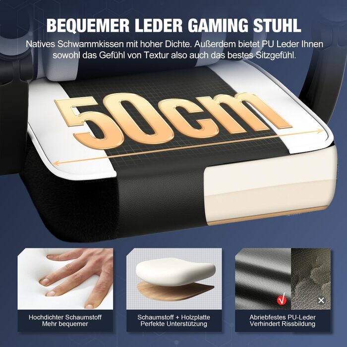 Ігрове крісло, ергономічне ігрове крісло з регульованими подушками для поперекової та підголівникової опори, ігрове крісло з підставкою для ніг, ігрове крісло вантажопідйомністю до 150 кг, біле з колесами з поліуретану