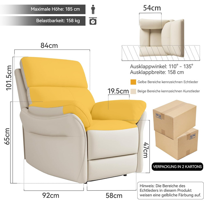 Крісло для відпочинку AIRSKY, крісло для телевізора зі справжньої шкіри з функцією відкидання, крісло для кінотеатру, крісло для сну, крісло для літніх людей, крісло для телевізора з функцією сну, крісло з ручним регулюванням для вітальні та спальні, беже