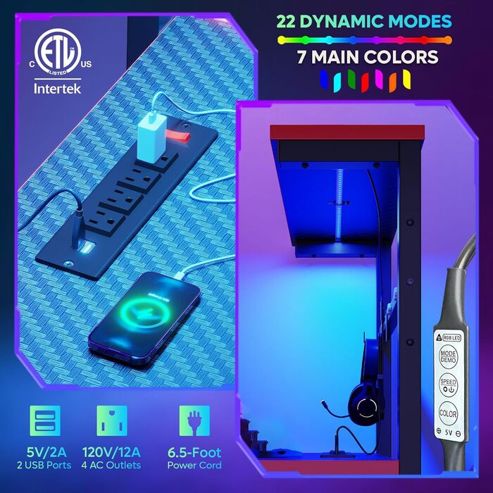 Ігровий стіл Bestier з розетками, 4-рівневий ігровий стіл зі світлодіодним підсвічуванням та двосторонніми полицями, ігровий стіл для ПК з гачком для гарнітури та бічною кишенею для зберігання речей у спальні