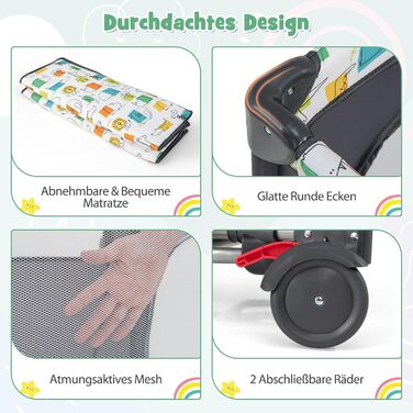 Дорожнє ліжечко DREAMADE 5-в-1 з матрацом 120 x 60 см, регульована по висоті тумбочка з пеленальний столик, музичний мобіль та іграшки, дитяче ліжечко та гойдалка для малюків від народження (сірий)