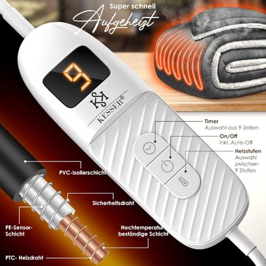 Електрична ковдра з підігрівом KESSER з автоматичним вимкненням 200x180 см, двостороння Затишна ковдра для ліжка, дивана 9 температурних режимів Можна прати до 40C з таймером та цифровим дисплеєм Антрацит