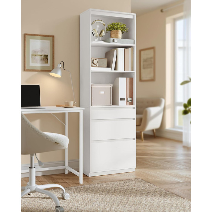 Колекція Kailyn - Книжкова шафа, Висока шафа, 3 шухляди різного розміру, Регульовані полиці, Вітальня, Спальня, Кабінет, Сучасний, Компактний, Білосніжка LBC188W01