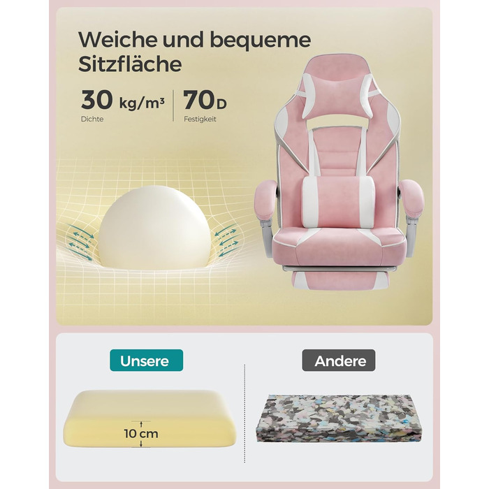 Ігрове крісло SONGMICS, офісне крісло з підставкою для ніг, робоче крісло з підголівником та поперековою подушкою, регульована висота, ергономічне, вантажопідйомність до 150 кг, пастельно-рожевий OBG073P01 пастельно-рожевий кремово-білий