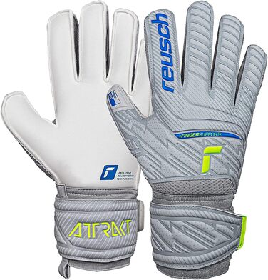 Воротарські рукавиці Reusch чоловічі Attrakt Finger Support унісекс зі зрізом зовнішнього шва та покриттям для зчеплення, підходять для всіх поверхонь поля Футбольні рукавиці із захистом пальців для дорослих світло-сірі - сині - жовті 10