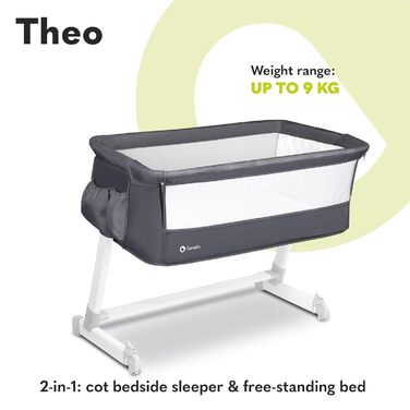 Дитяче ліжечко Lionelo Theo 2-в-1, темно-сіре, від народження до 9 кг, темно-сіре, Theo