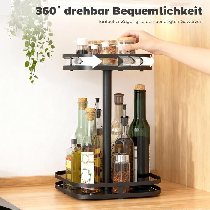 Підставка для спецій HOMCOM, 2-рівнева, обертова на 360 кухонна полиця з піднятими краями та присосками, підставка для спецій, карусель для спецій, кухонний органайзер, тримач для спецій для кухонної стільниці та обіднього столу, чорний колір