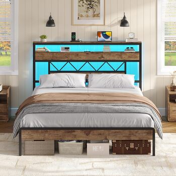 Ліжко 140x200 зі світлодіодним освітленням, каркас ліжка 140x200 з металевою рейковою основою, металеве ліжко з розеткою, дерев&39яне узголів&39я з 2 відкритими полицями, місце для зберігання речей під ліжком, спальня, вінтажний коричневий 140 x 200 см