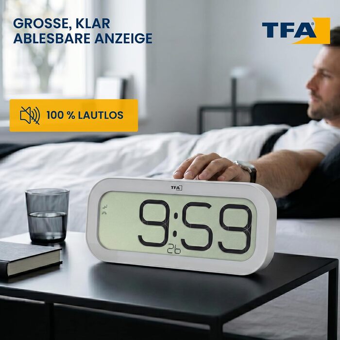 Цифровий настінний годинник TFA Dostmann з мелодією щогодини Bim Bam, 60.4514.02, радіокерований, 5 варіантів звуків (Біг-Бен, птах, зозуля, дзвони, singing bowl), функція будильника, LED-дисплей, білий