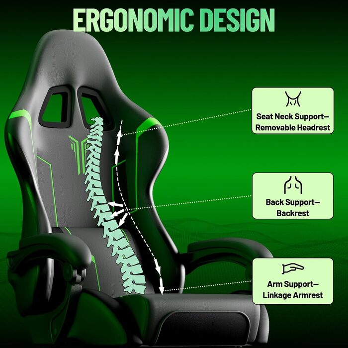 Ігрове крісло, ергономічне ігрове крісло - регульоване та поворотне ігрове крісло, з шарнірними підлокітниками, підставкою для ніг, поперековою опорою, шкіряним покриттям, ігрове крісло для кіберспорту/дому/офісу (чорний зелений) сірий