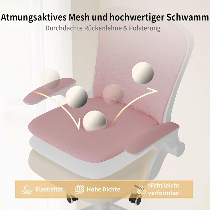 Ергономічне офісне крісло naspaluro, стілець для роботи з підлокітниками, що складаються на 90, унікальна поперекова підтримка, дихаюча сітчаста оббивка для домашнього офісу, кабінет, рожевий (без підголівника)