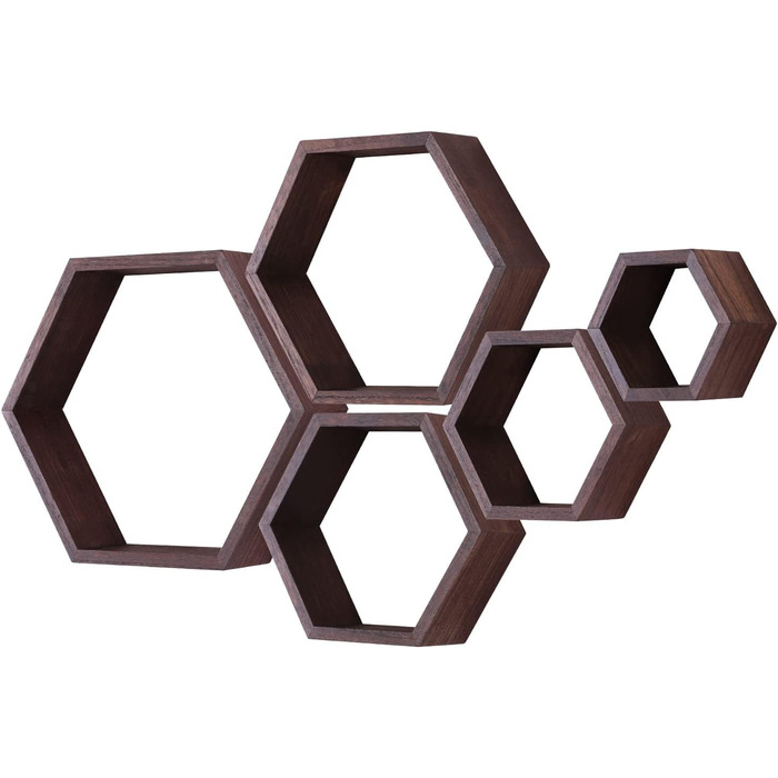 Шестигранні плаваючі полиці, настінні дерев&39яні стільникові настінні полиці для зберігання у фермерському стилі з 5 шт. , для ванної кімнати, кухні, спальні, вітальні, офісу, оздоблення з коряги (горіх) шестигранний волоський горіх