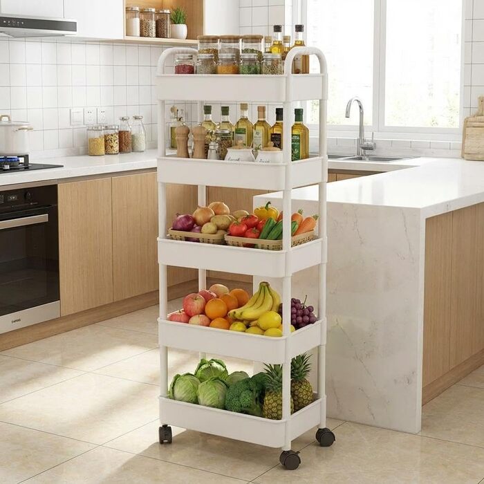 Візок на колесах, кухонний візок, кухонна полиця, нішева полиця з колесами, що обертаються на 360, сталева рама, 5-ярусний сервірувальний візок для ванної кімнати, кухні, офісу, 41 x 28 x 128 см, білий