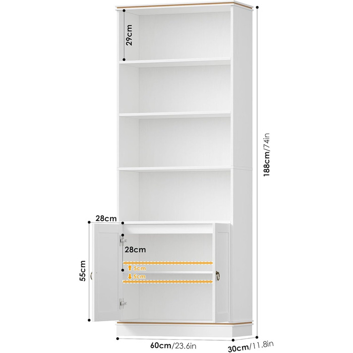 Книжкова полиця HOCSOK заввишки 188 см, окремостояча полиця з 7 полицями, книжкова шафа з натуральною деревною текстурою, полиця для зберігання речей для кабінету, офісу, вітальні, 1886030 см, білий