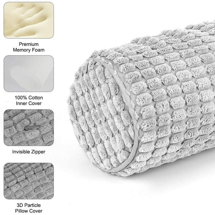 Подушка для шиї з чохлом, дорожня подушка 145 см з піни з ефектом пам&39яті, плюшева подушка для шиї з точковим покриттям, яку можна прати, для полегшення болю в шиї, подушка для шиї для домашнього офісу, для подорожей, йоги, круглий циліндричний сірий