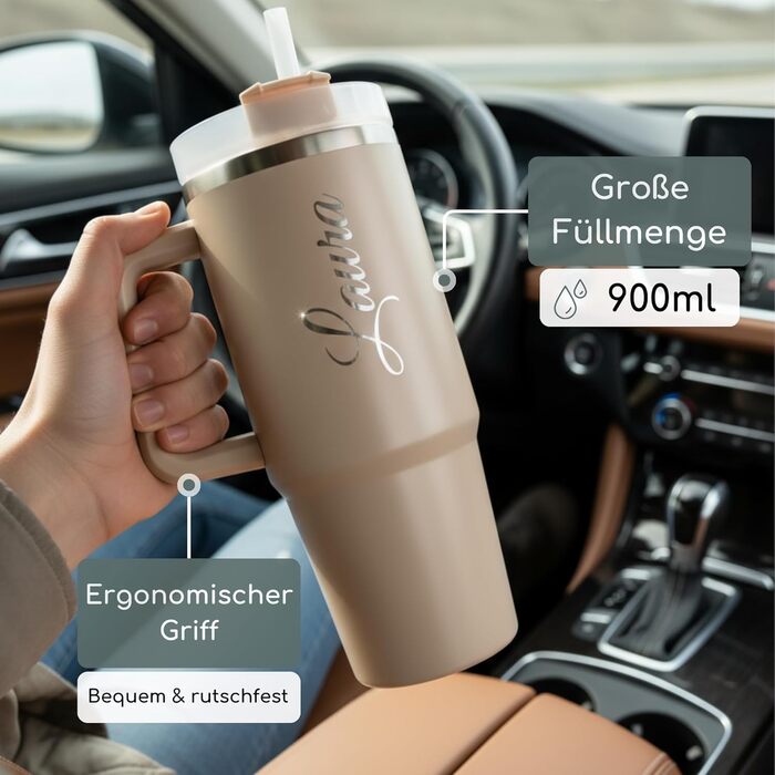 Персоналізована термокружка з ім&39ям Кухоль з нержавіючої сталі з гравіюванням 900 мл Персоналізований термос Персоналізована кавова кружка з трубочкою та кришкою (бежевий)