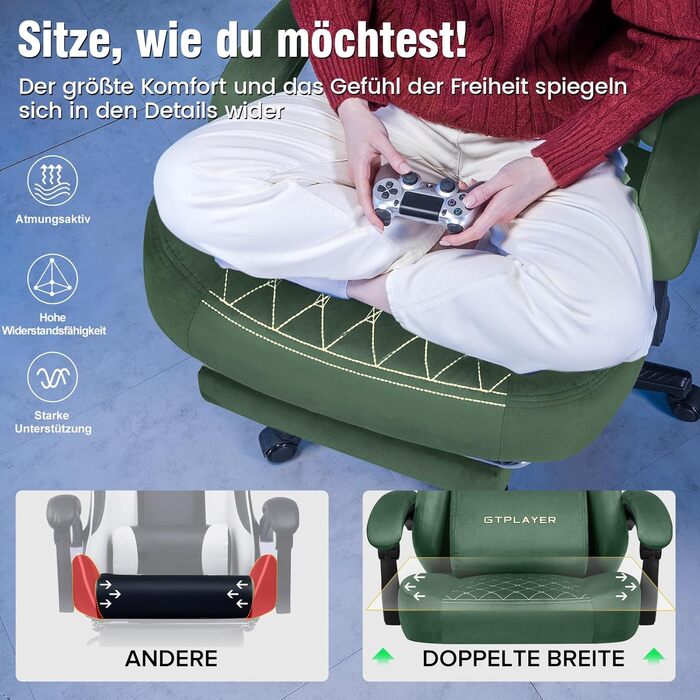 Ігрове крісло GTPLAYER, тканина, ергономічне офісне крісло, крісло для ПК, вантажопідйомність 150 кг, регульоване та поворотне робоче крісло з пружинною подушкою сидіння та підставкою для ніг, зелене