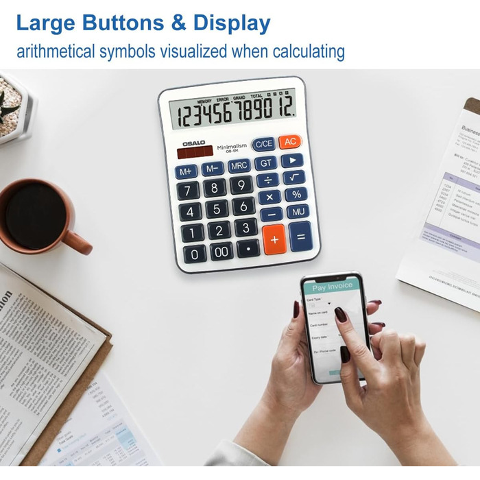 Кишеньковий калькулятор OSALO з великими кнопками, великим дисплеєм, сонячним екраном, 12-розрядним настільним калькулятором, офісним калькулятором для людей похилого віку (OS-5M), синього кольору, 5M