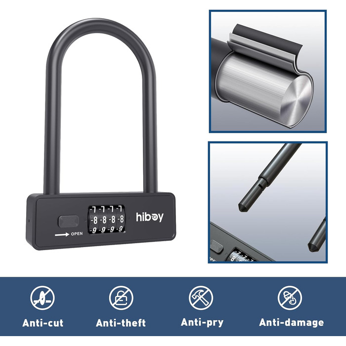 Замок велосипедний Hiboy комбінований, захист від крадіжки, з тримачем, сталевий замок з дужкою 10 мм, U-подібний замок для самокатів та велосипедів