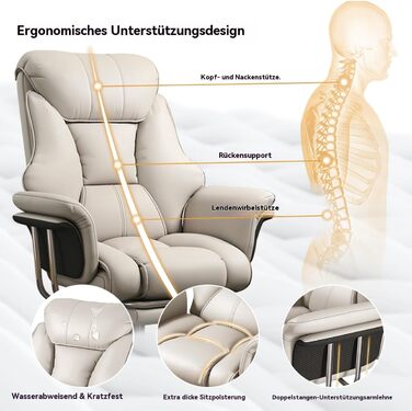 Велике та високе офісне крісло, вантажопідйомність 250 кг, надзвичайно широке шкіряне крісло керівника з висувною підставкою для ніг, міцне ергономічне крісло, комп&39ютерне крісло з регульованою висотою, біле, 59*49*120