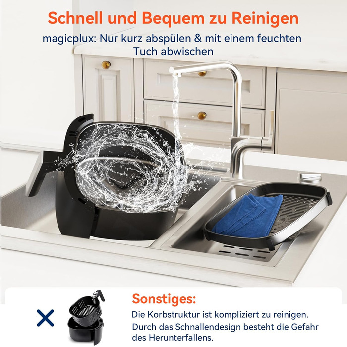 Фритюрниця magicplux 5.5 л XXL, фритюрниця 1500 Вт з 13 попередньо запрограмованими, з цифровим світлодіодним сенсорним екраном, технологія рівномірного нагрівання X CYCLONE AIR, з 21 рецептом, можна мити в посудомийній машині, чорний без вікон