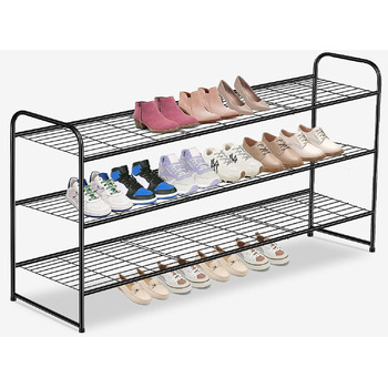 Довга взуттєва полиця з 3 ярусами, вміщує 24 пари, міцна чорна взуттєва полиця для чоловіків та жінок, з дротяною сіткою, металева взуттєва полиця, полиця для шафи, передпокою, спальні, 3 полиці, чорна