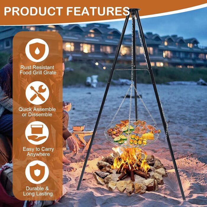 Набір для грилю та приготування на відкритому повітрі штатив-тринога з телескопічною конструкцією, решітка для грилю, гак для підвішування, велика площа для приготування