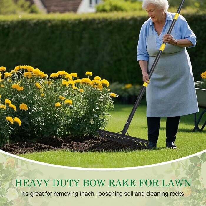 Міцний садовий грабель, 189 см, металевий грабель з 12 зубцями, вигнутий грабель з довгою ручкою для розпушування ґрунту, вирівнювання, догляду за газоном, сільського господарства, землі, чорний