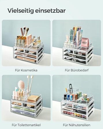 Органайзер для макіяжу SONGMICS, косметичний органайзер з 4 шухлядами та 11 відділеннями різних розмірів, нековзні вставки, для макіяжу та ювелірних виробів, прозорий JKA001TP