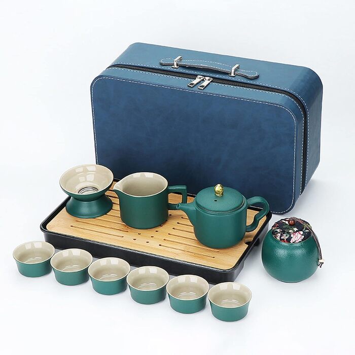 Набір для чаювання Смарагдова подорож, китайський чайний сервіз, портативний набір для чаю Кунг-Фу, 7 предметів у кейсі