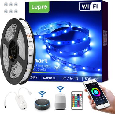 Світлодіодна стрічка Lepro Alexa 2x5M, 300 світлодіодів з можливістю затемнення RGB, світлодіодна стрічка Wi-Fi, світлодіодна стрічка Wi-Fi, самоклеюча надяскрава стрічка Light String Strips Strips з пультом дистанційного керування, сумісний з Alexa, дода