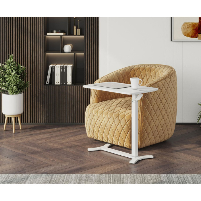 Білий з підсклянником - Мобільний, безступінчасто пневматично регульований по висоті бічний столик 65-103 см на колесах для дивана, ліжка, дитячої кімнати та домашнього офісу, 121WW 70 x 40