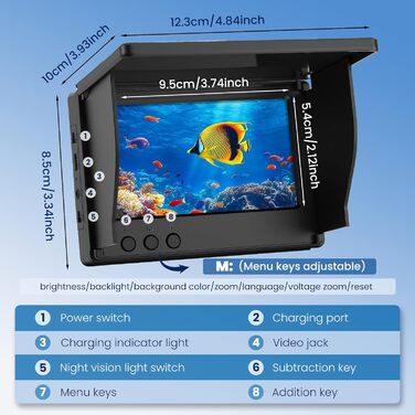 Ехолот з 4,3-дюймовим IPS-дисплеєм та підводною камерою, кабелем 30 м, акумулятором 5000 мАг, водонепроникністю IP65, нічним баченням з широким кутом огляду 220 для морської риболовлі, підлідної риболовлі, річкової риболовлі та риболовлі на озері.